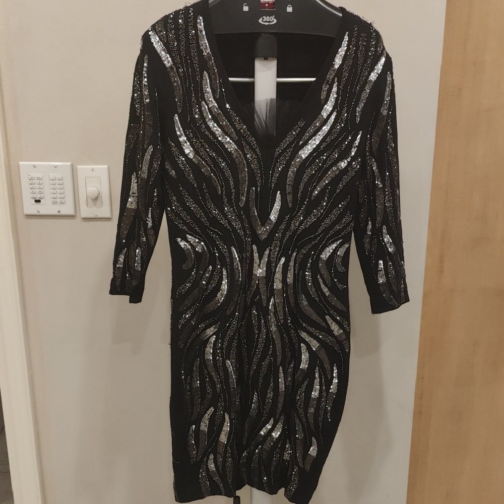 Haute Hippie Black Silver V-Neck Bodycon Dress